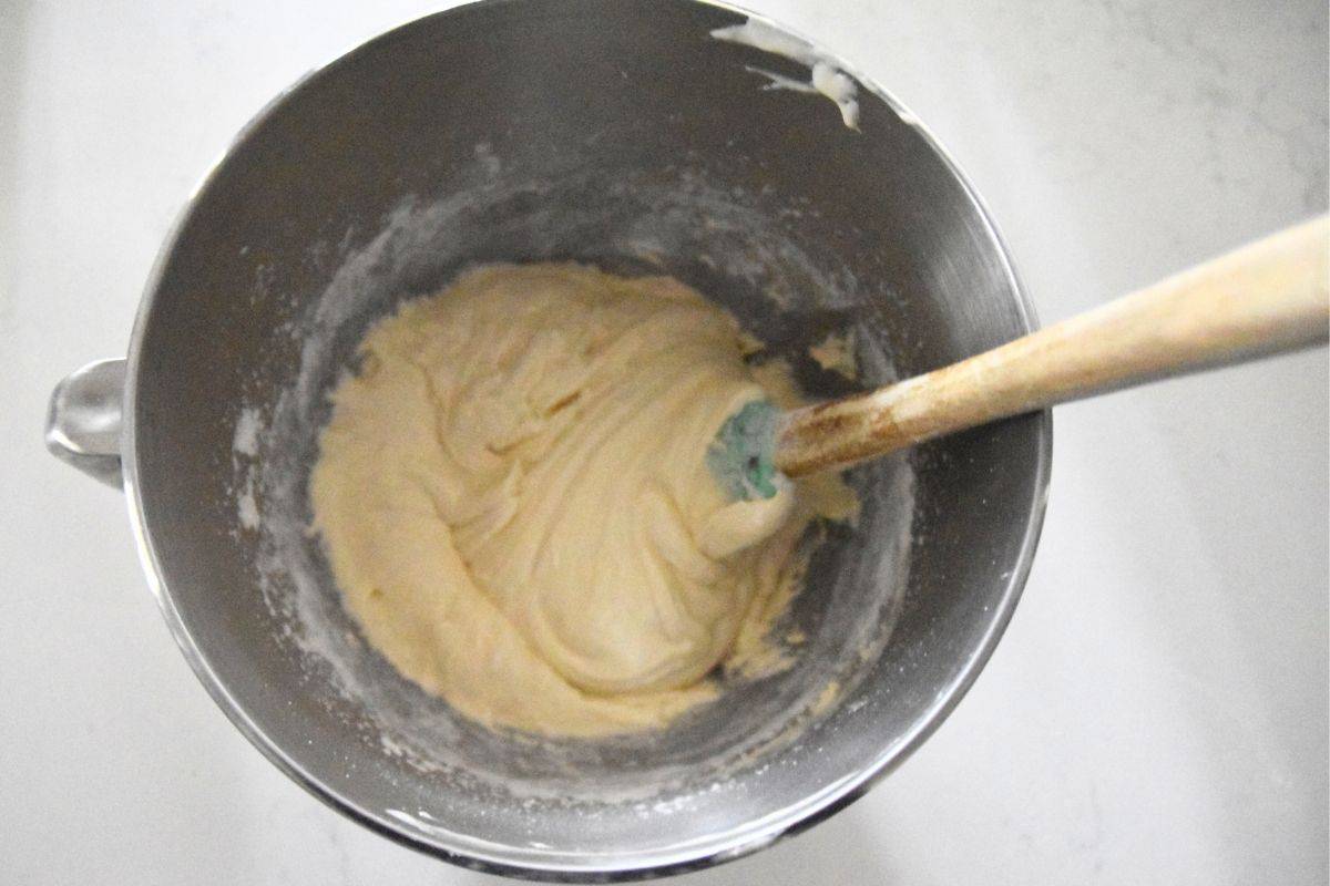 cookie batter in mixing bowl.