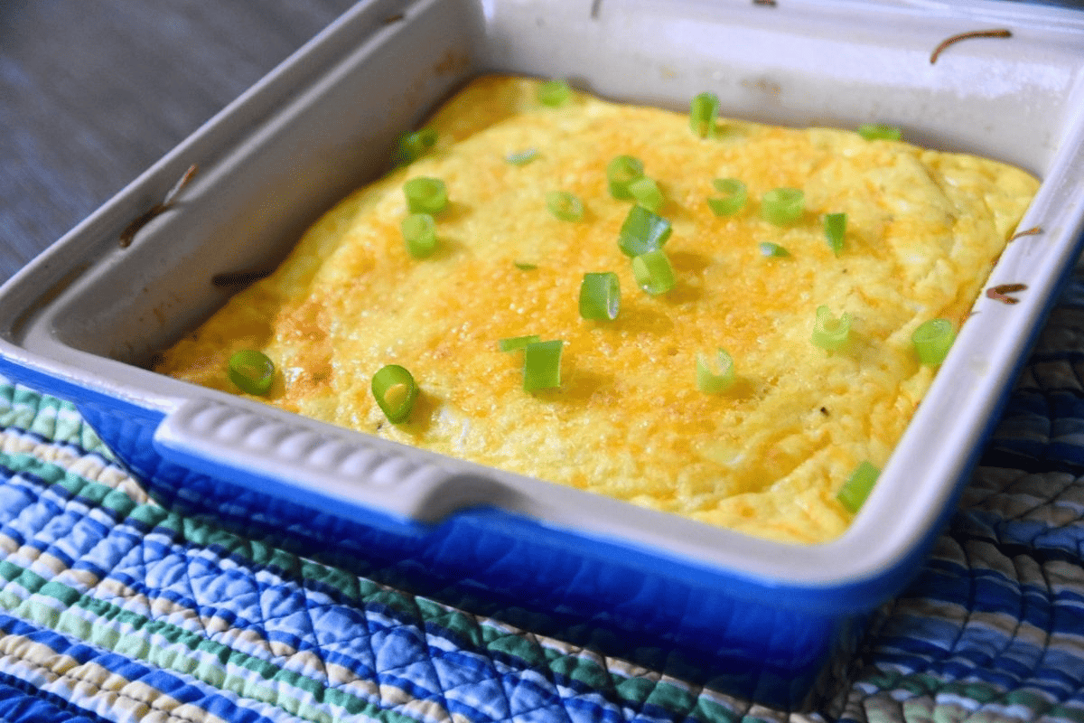 egg casserole in blue pan.