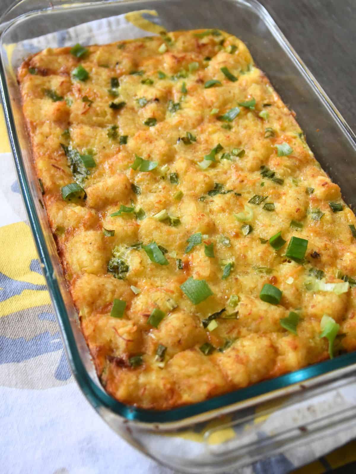 tater tot breakfast casserole in pan.