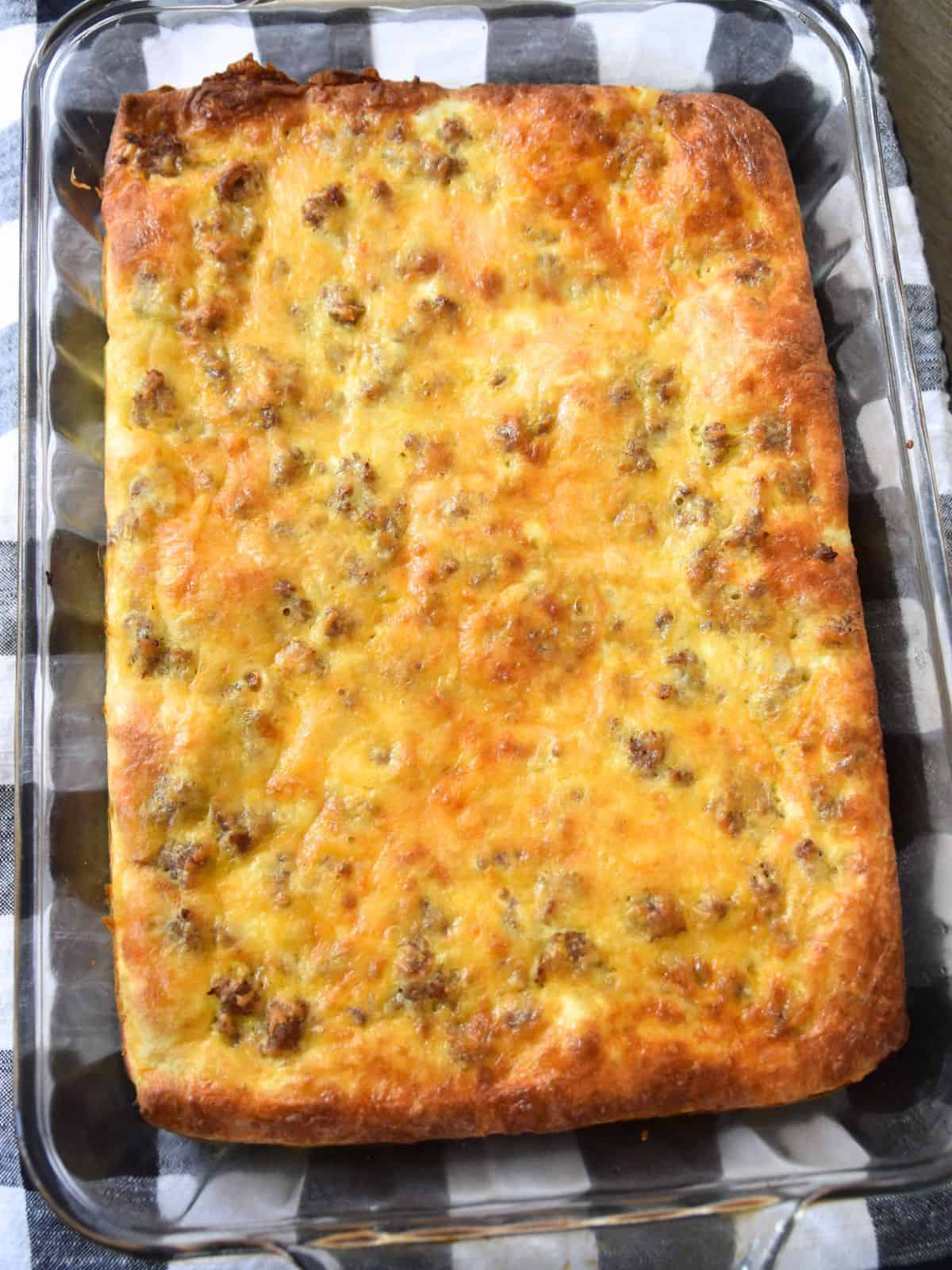 breakfast casserole with sausage in baking dish.