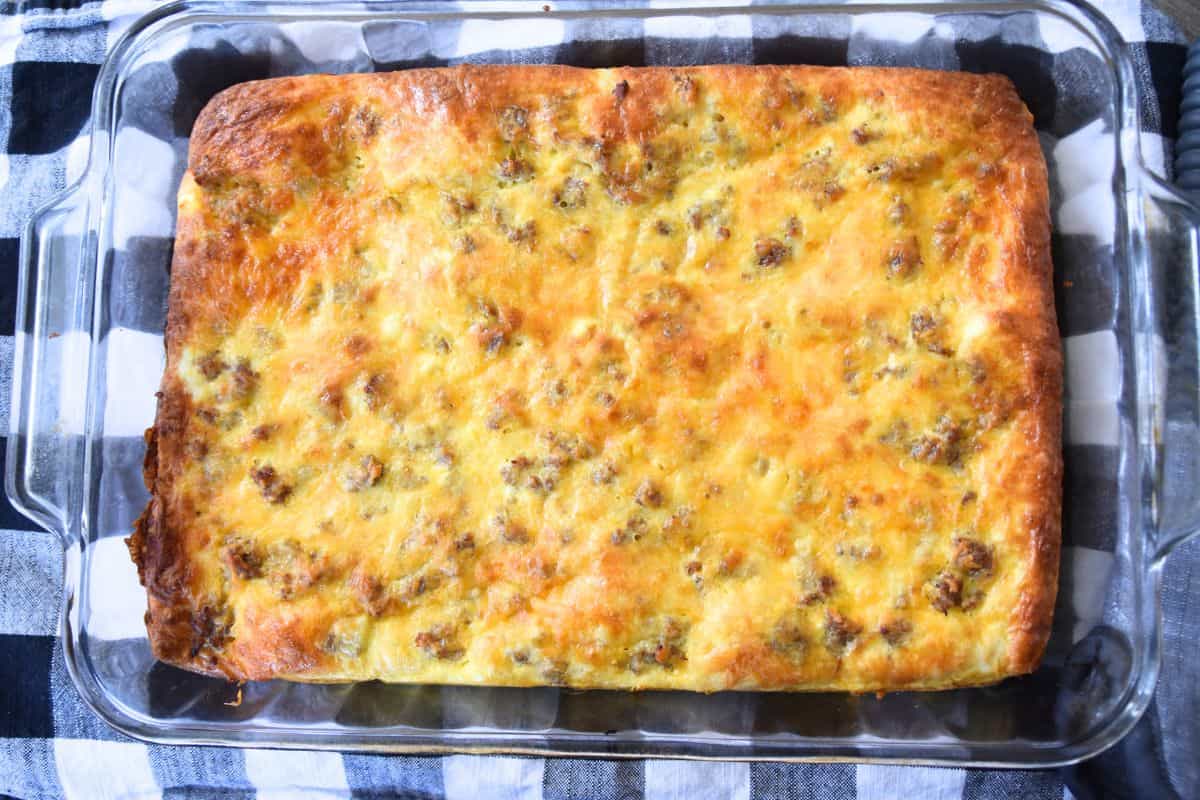 breakfast casserole with sausage in pan.