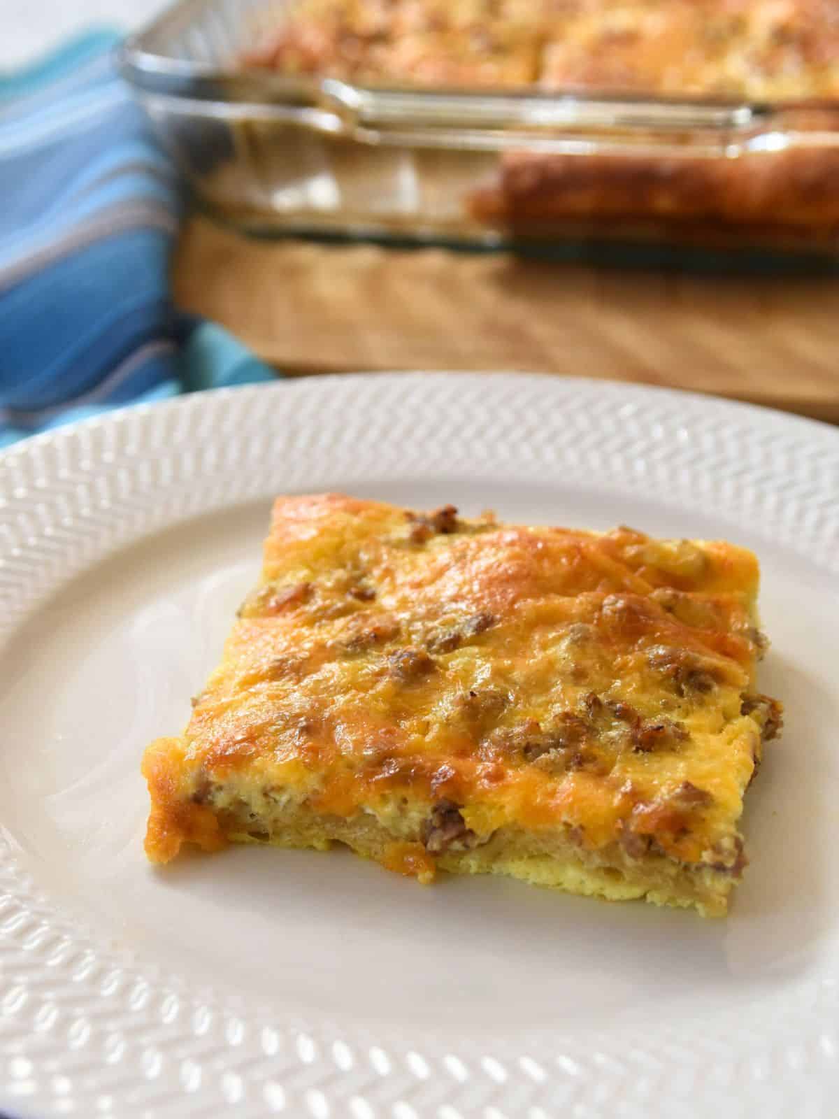 slice of breakfast casserole with sausage.