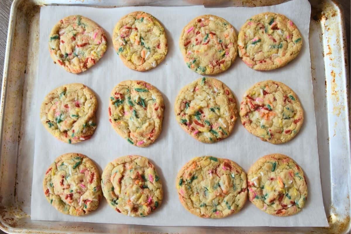 confetti cookies on cookie sheet