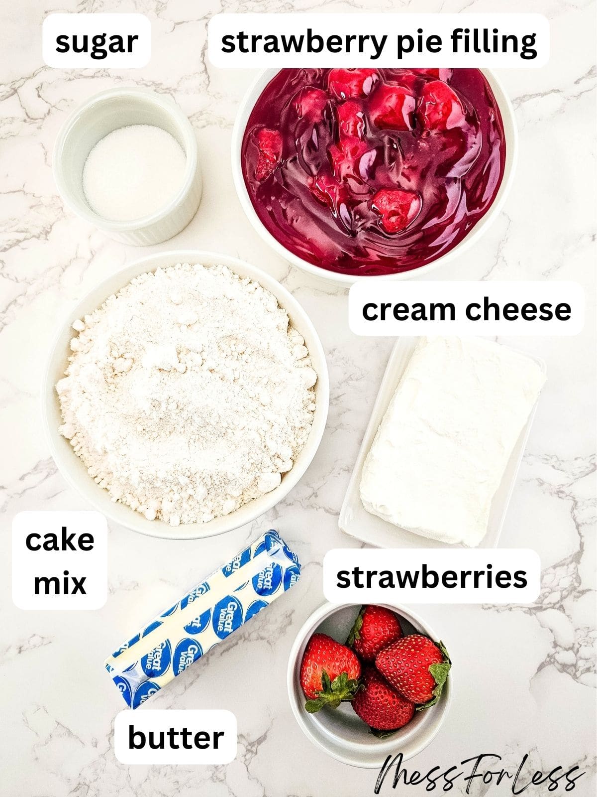 ingredients for strawberry dump cake with cream cheese