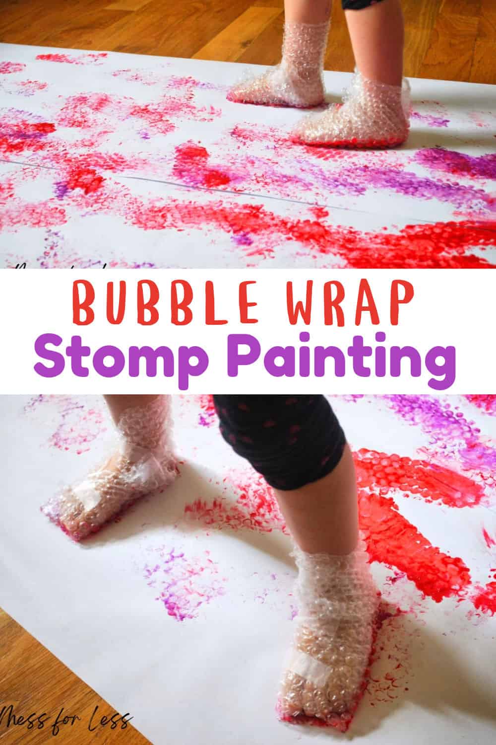 Kids can jump and stomp as they create a masterpiece with bubble wrap stomp painting! A fun way for kids to move their bodies and create art.