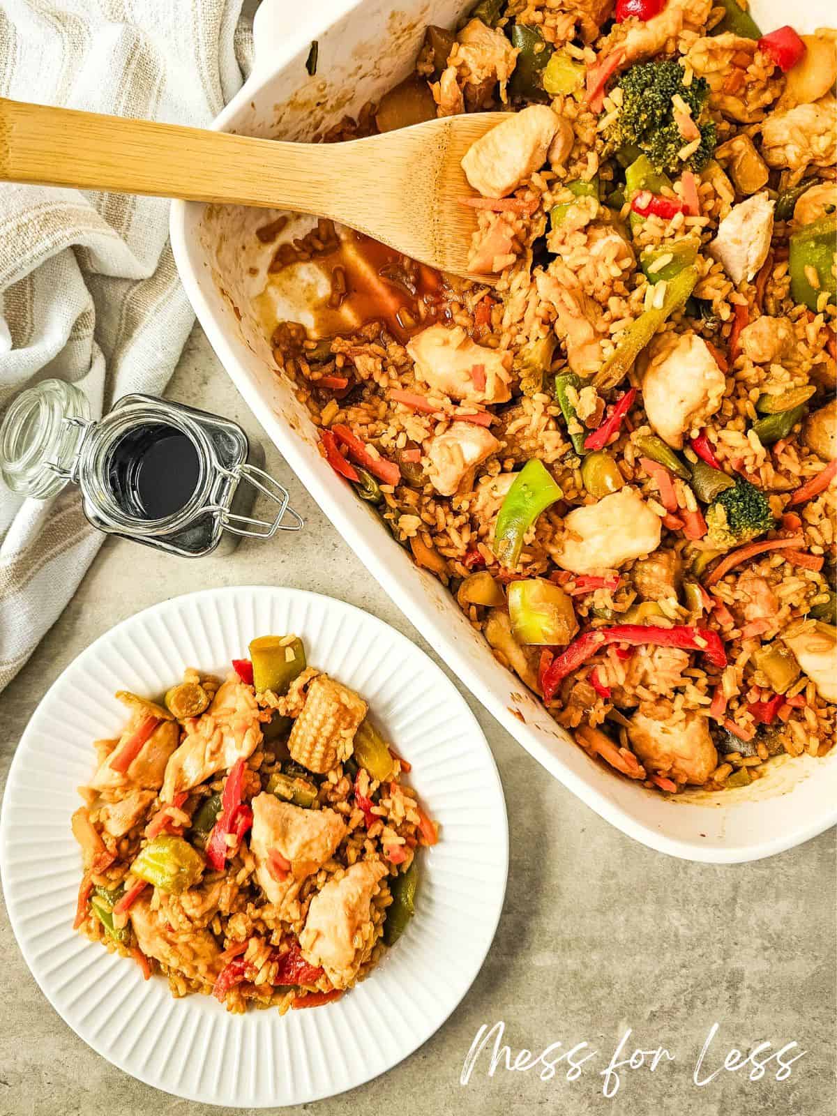 teriyaki chicken casserole on plate and in pan