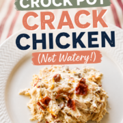 A plate of creamy keto crack chicken in the crock pot sits on a white dish with text promoting the recipe.