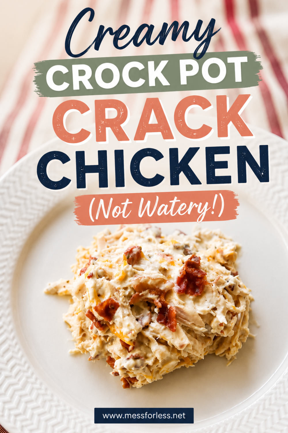 A plate of creamy keto crack chicken in the crock pot sits on a white dish with text promoting the recipe.