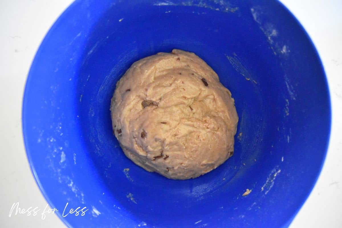 cookie dough in blue bowl