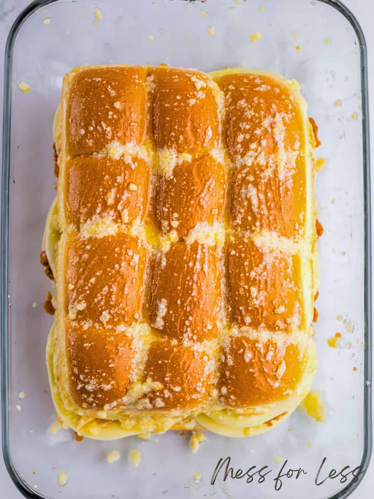 hawaiian buns in casserole pan with butter