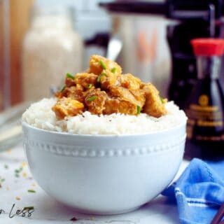 Orange chicken in white bowl
