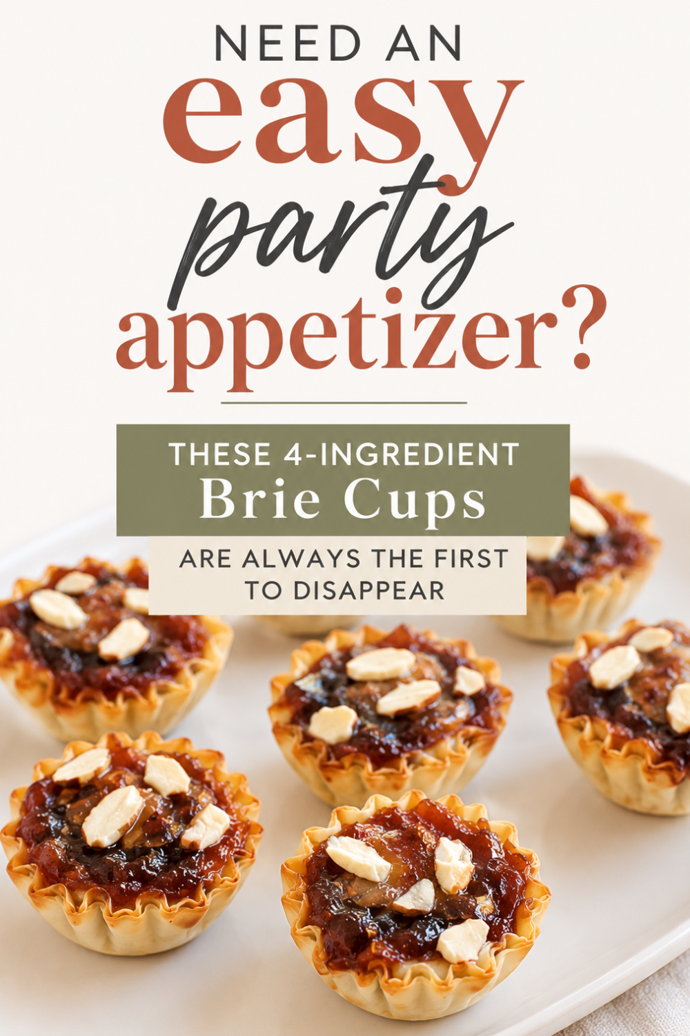 Mini brie cups with jam and nuts on a white plate, text promoting easy 4-ingredient baked brie and jam cups for your next party appetizer.