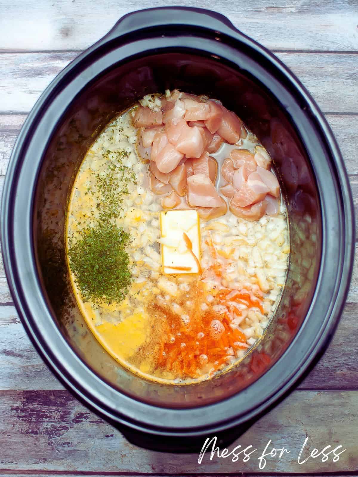 Crock pot filled with soup ingredients