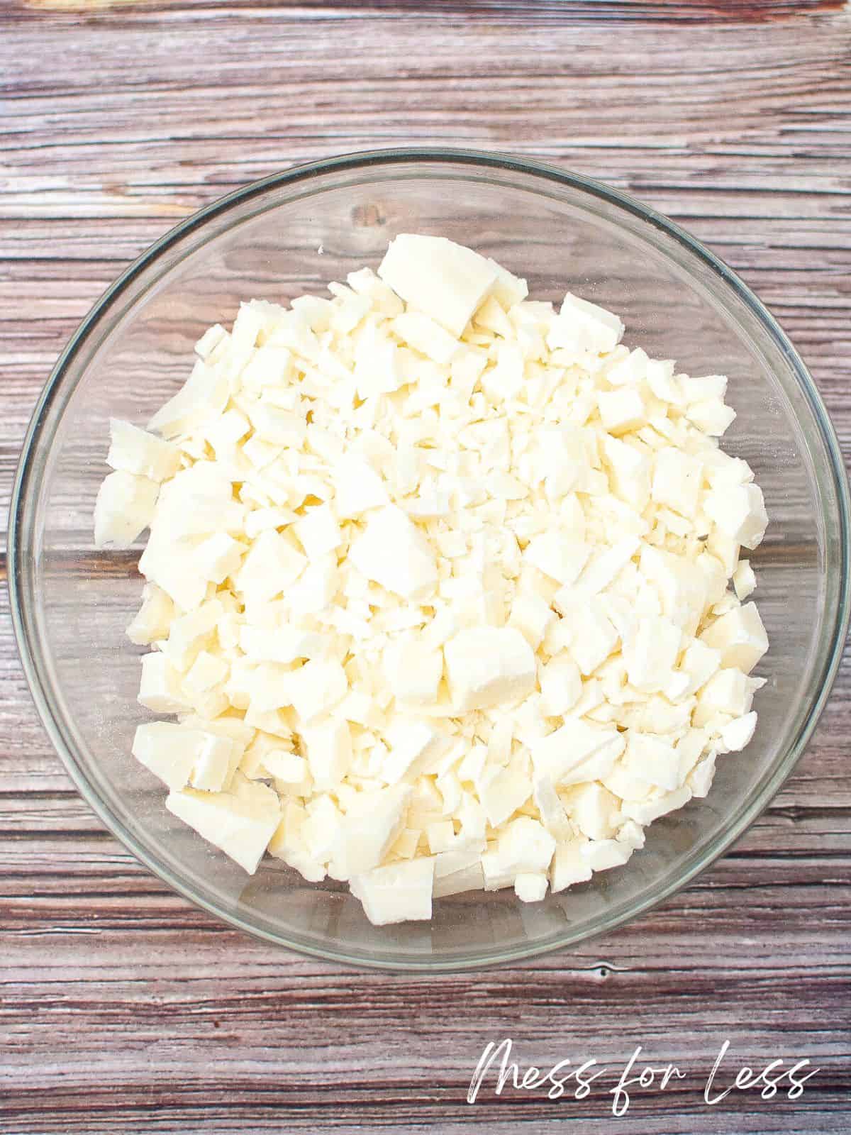 Chopped white chocolate in Glass Bowl