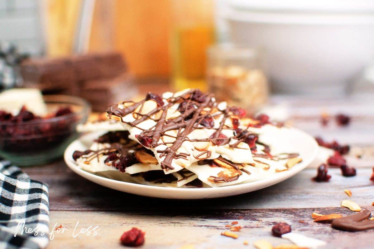 Plate of toasted almond and cranberry bark