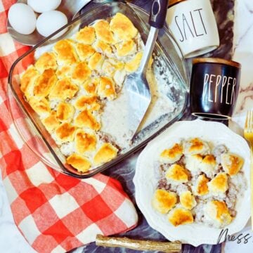 biscuits and gravy casserole in plate and pan