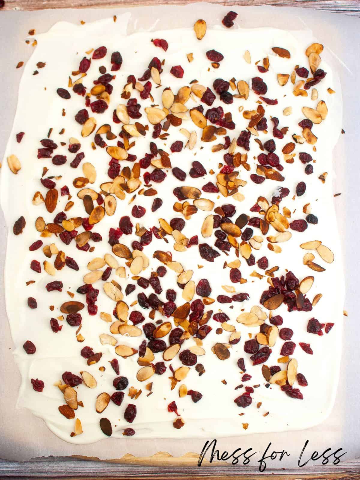 Cranberry almond bark in pan