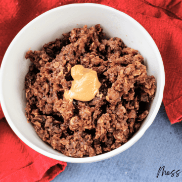 baked oatmeal with chocolate and peanut butter in white bowl
