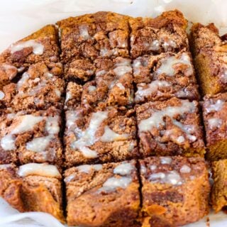 Sliced Blondies with icing in a pan