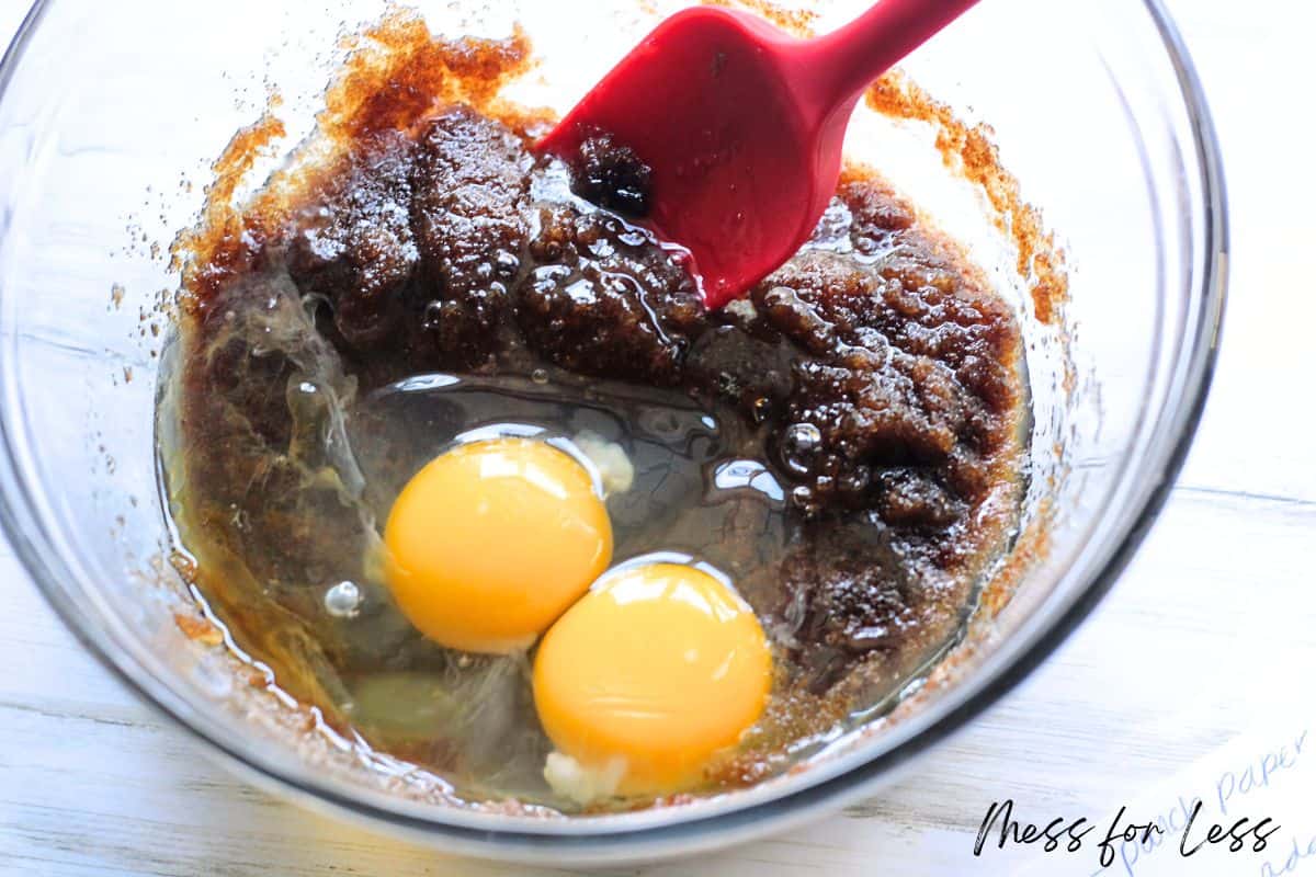 Eggs being mixed into Blondie batter