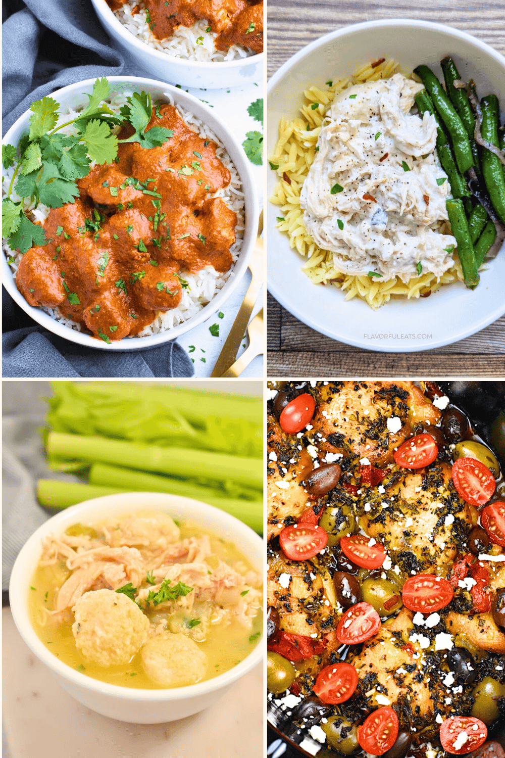 Collage of four dishes: savory crockpot curry with rice and cilantro, creamy pasta with green beans, hearty chicken soup with celery, and a baked keto dish featuring tomatoes, olives, and herbs.