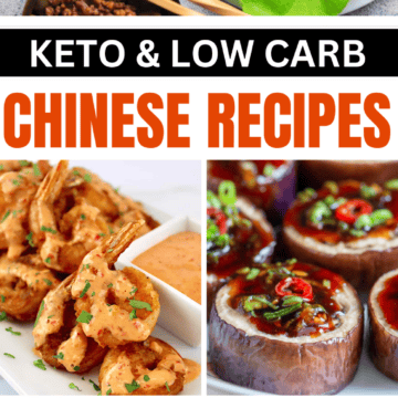 Collage of keto Chinese recipes. Top: lettuce wraps with minced meat. Middle: shrimp with dipping sauce, stuffed eggplants. Bottom: chopsticks picking up orange chicken, plate of sesame beef. Text reads Keto & Low Carb Chinese Food Recipes.