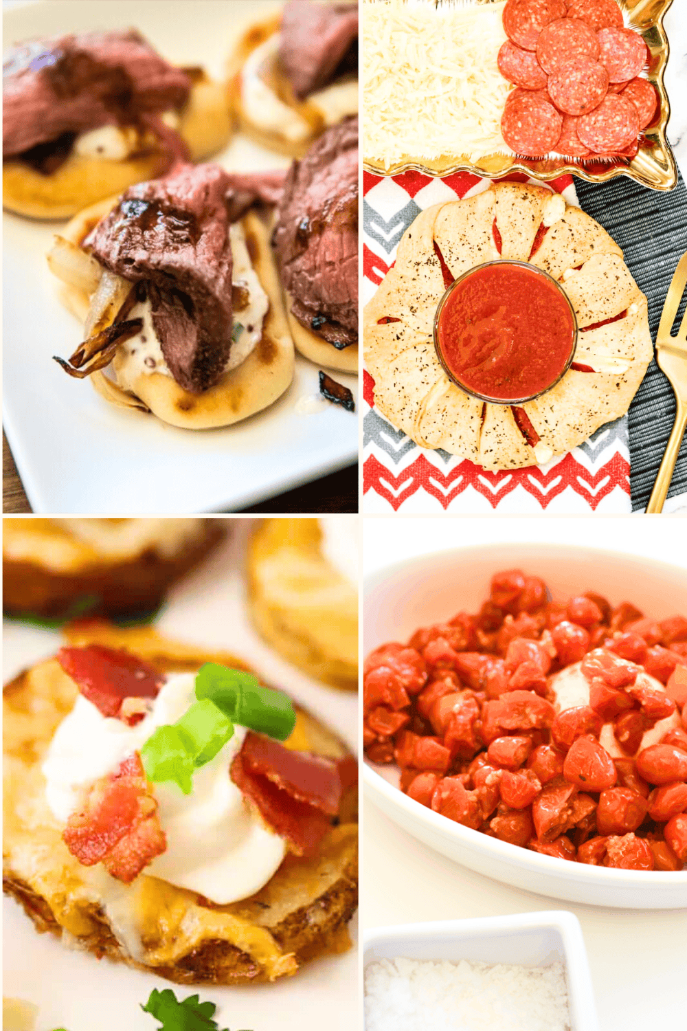A collage of four appetizing images perfect for a party: steak on bread, pepperoni with sauce and chips, loaded potato with bacon, and a bowl of diced tomatoes. Ideal bites for any birthday celebration or festive gathering!.