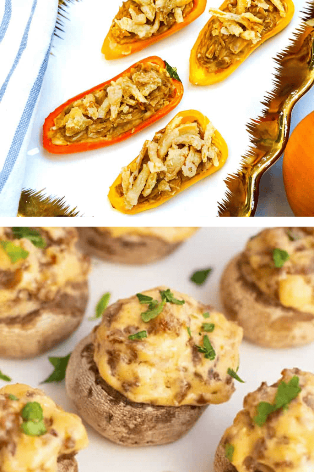 Stuffed mini peppers with crispy toppings and stuffed mushrooms garnished with herbs create the perfect party appetizers, elegantly presented on white trays for a delightful birthday celebration.