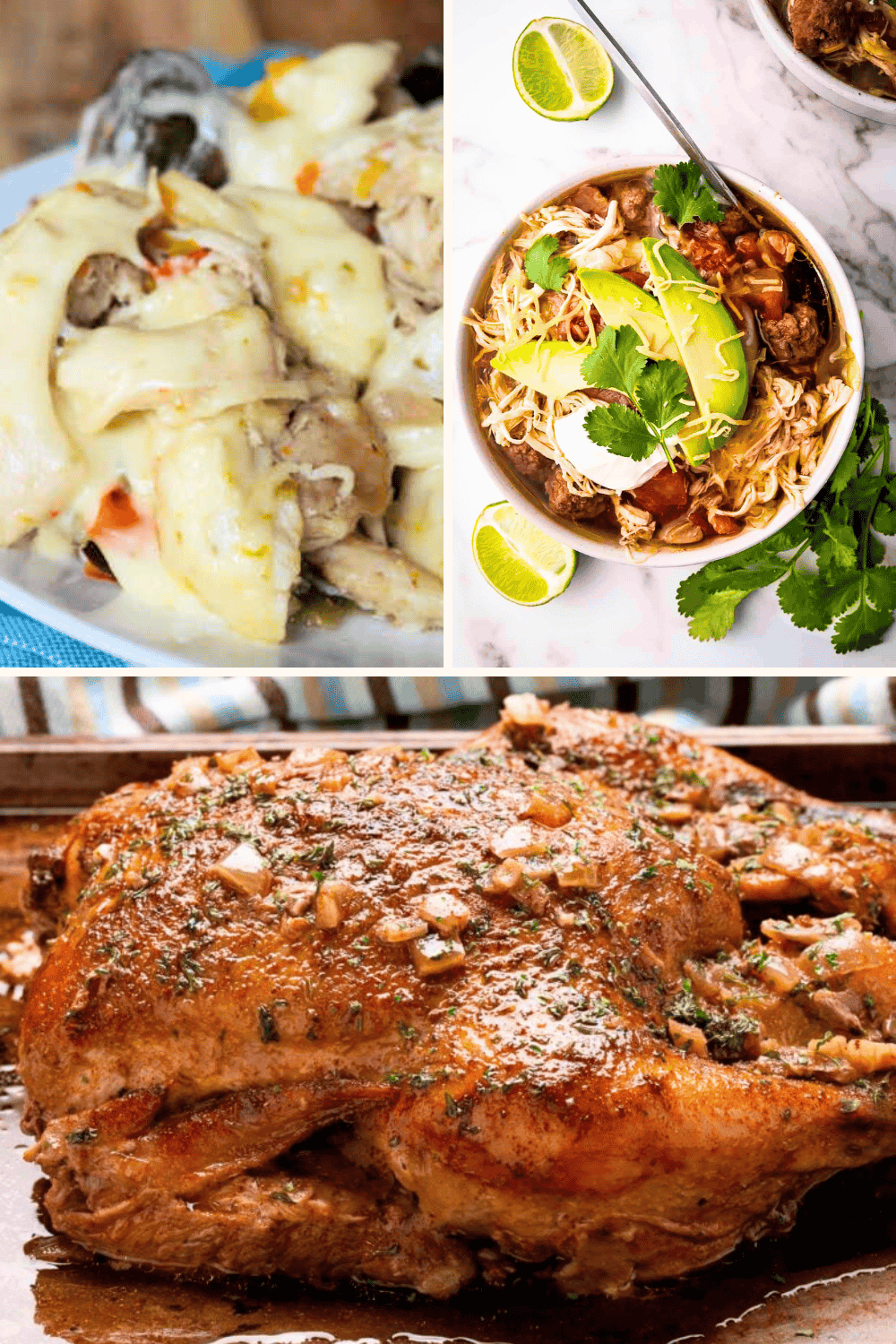 Collage of three dishes: creamy pasta with mushrooms, a bowl of noodle soup with avocado and lime, and a seasoned roast chicken perfect for keto enthusiasts or those exploring crockpot recipes.