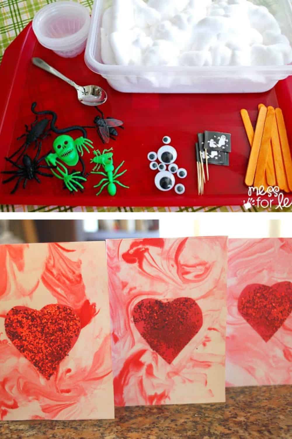 Top image: Sensory activities for preschoolers with a tray of shaving cream, plastic insects, googly eyes, sticks, and paint. Bottom image: Three handmade valentines featuring red hearts on marbled backgrounds.