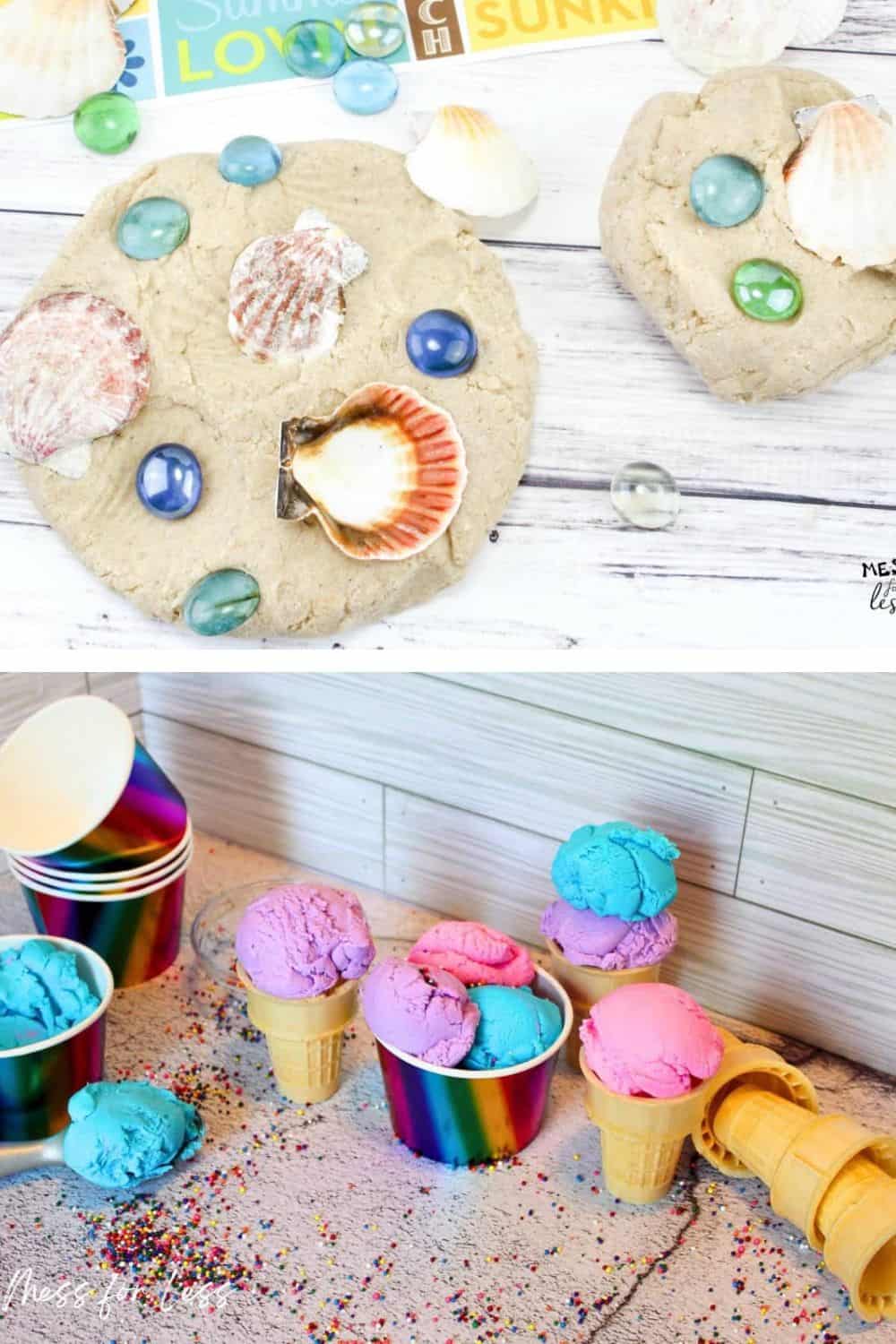The image showcases sensory activities for preschoolers: The top section features a sand craft adorned with shells and colorful glass stones, while the bottom displays multicolored ice cream scoops in cones and cups, complete with rainbow designs and scattered sprinkles on a wooden surface.