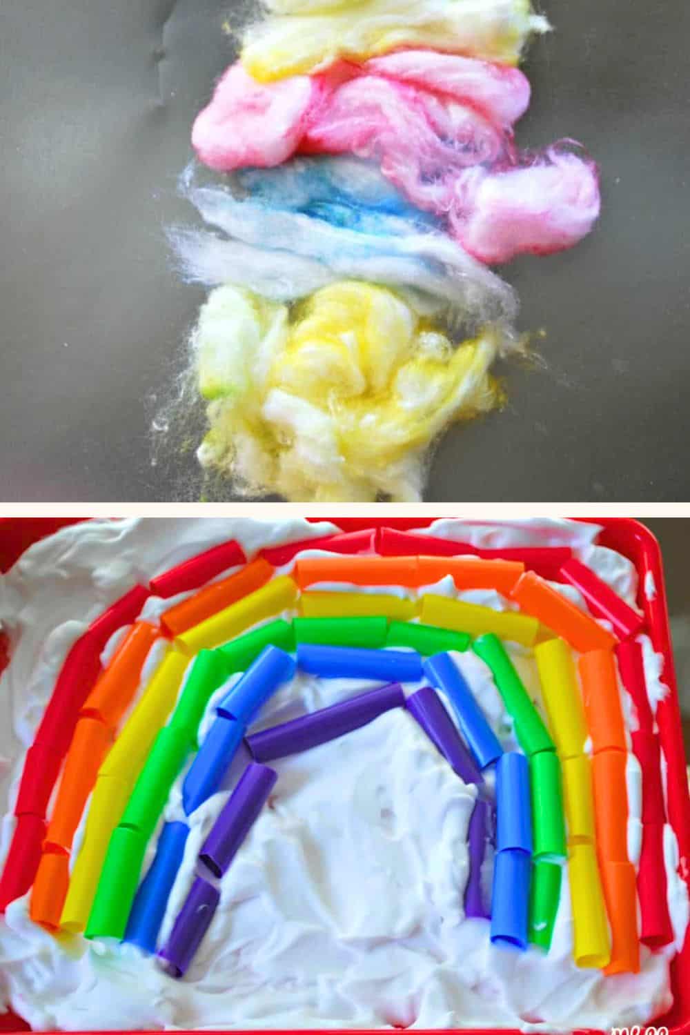 Top: Fluffy, multicolored cotton in vibrant pink, white, blue, and yellow shades scattered on a dark surface. Bottom: A colorful rainbow made of cut straws arranged over a layer of white foam on a red tray—a delightful scene perfect for sensory activities for preschoolers.
