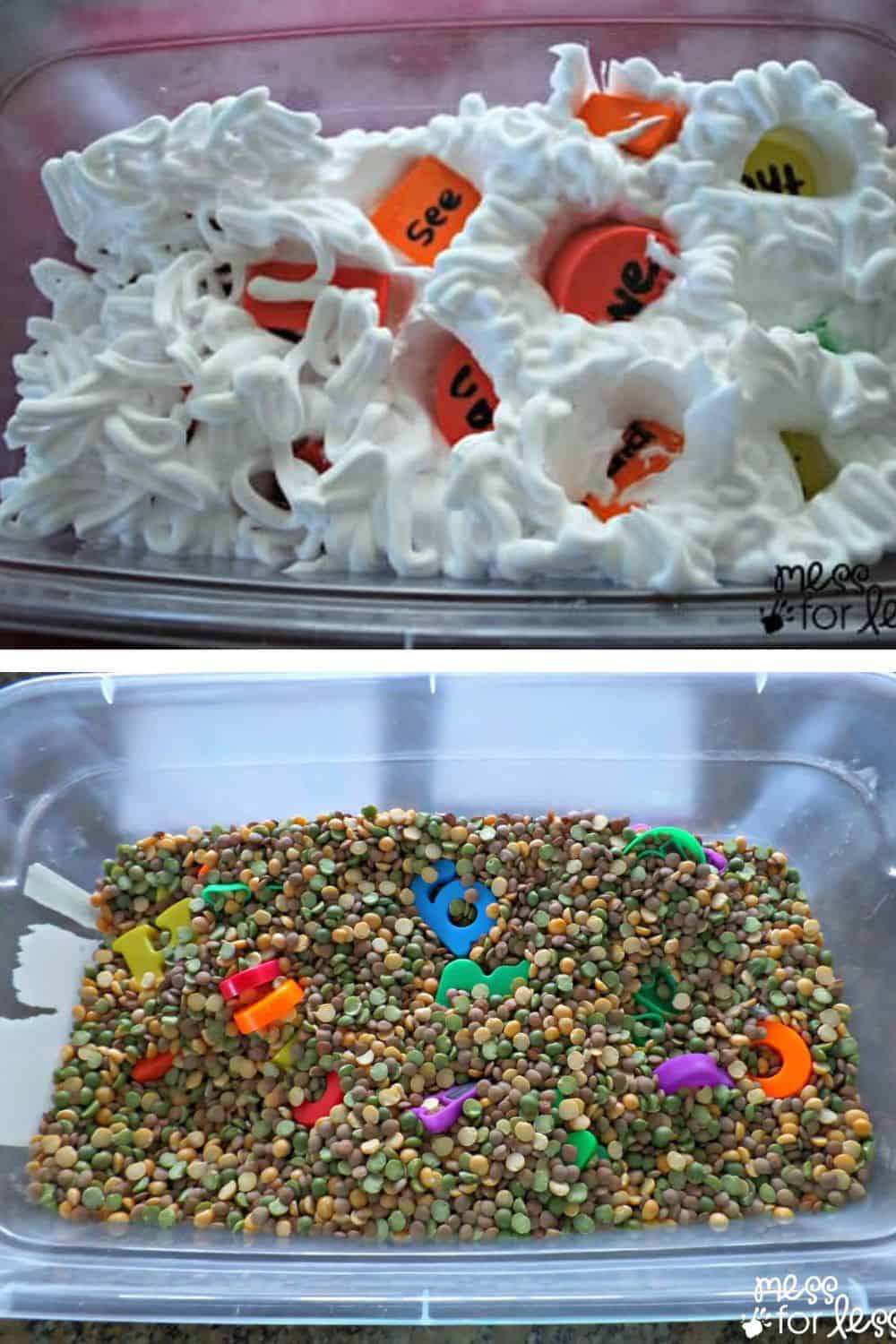 The top image showcases sensory activities for preschoolers with sight words hidden in shaving cream, colorful plastic letters peeking through. The bottom image reveals a captivating sensory bin brimming with lentils and scattered vibrant letters, inviting exploration and play.