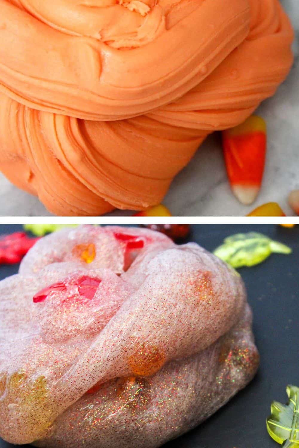 The top image showcases orange slime with candy corn nestled beneath, perfect for sensory activities for preschoolers. The bottom image reveals glittery slime embedded with candy pieces, resting on a dark surface, sparking tactile exploration.