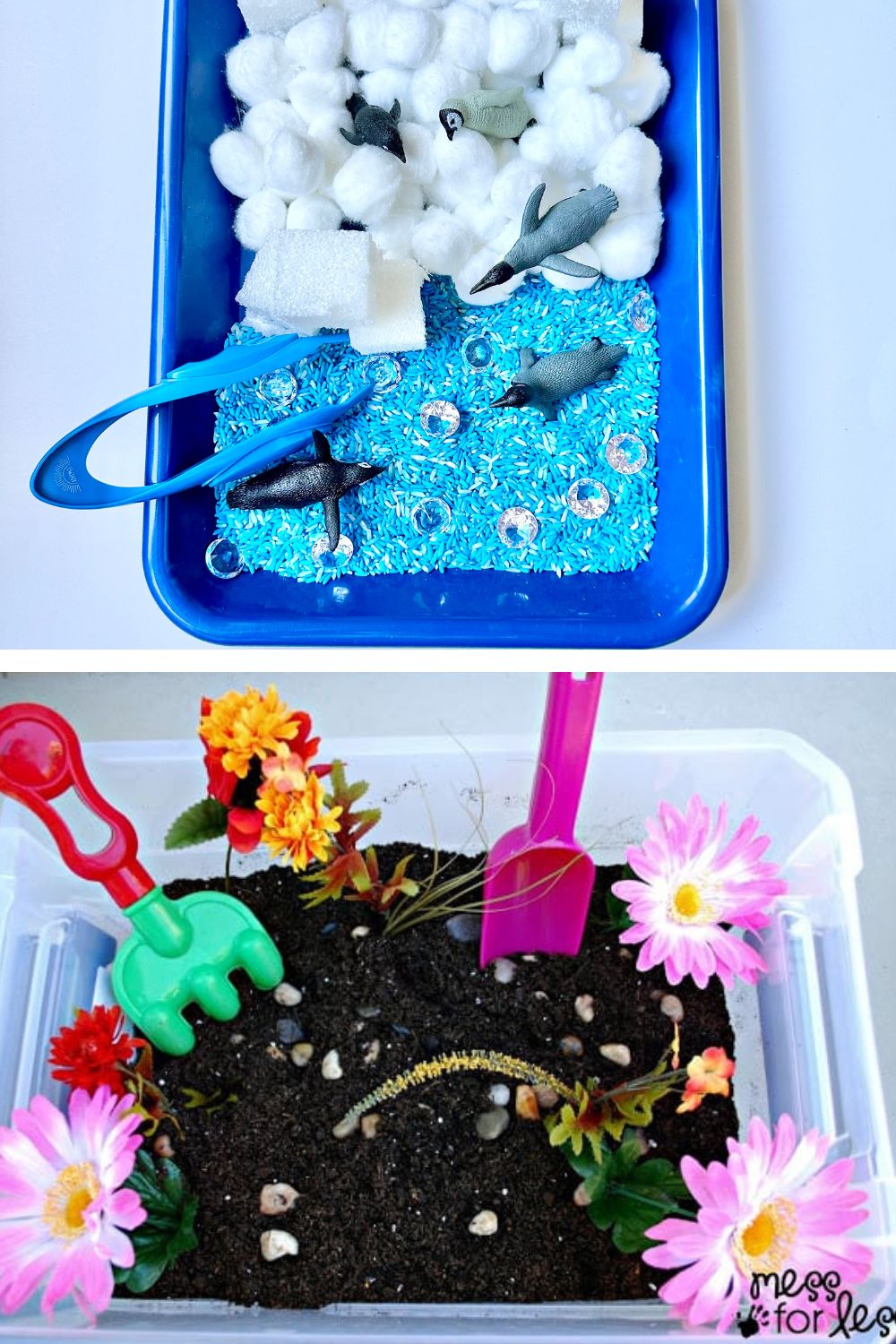 Top image: A blue container filled with cotton balls, blue rice, toy sea animals, and tweezers—perfect for sensory activities for preschoolers. Bottom image: A clear container featuring soil, toy gardening tools, pink flowers, and small decorative rocks, mimicking a garden scene.