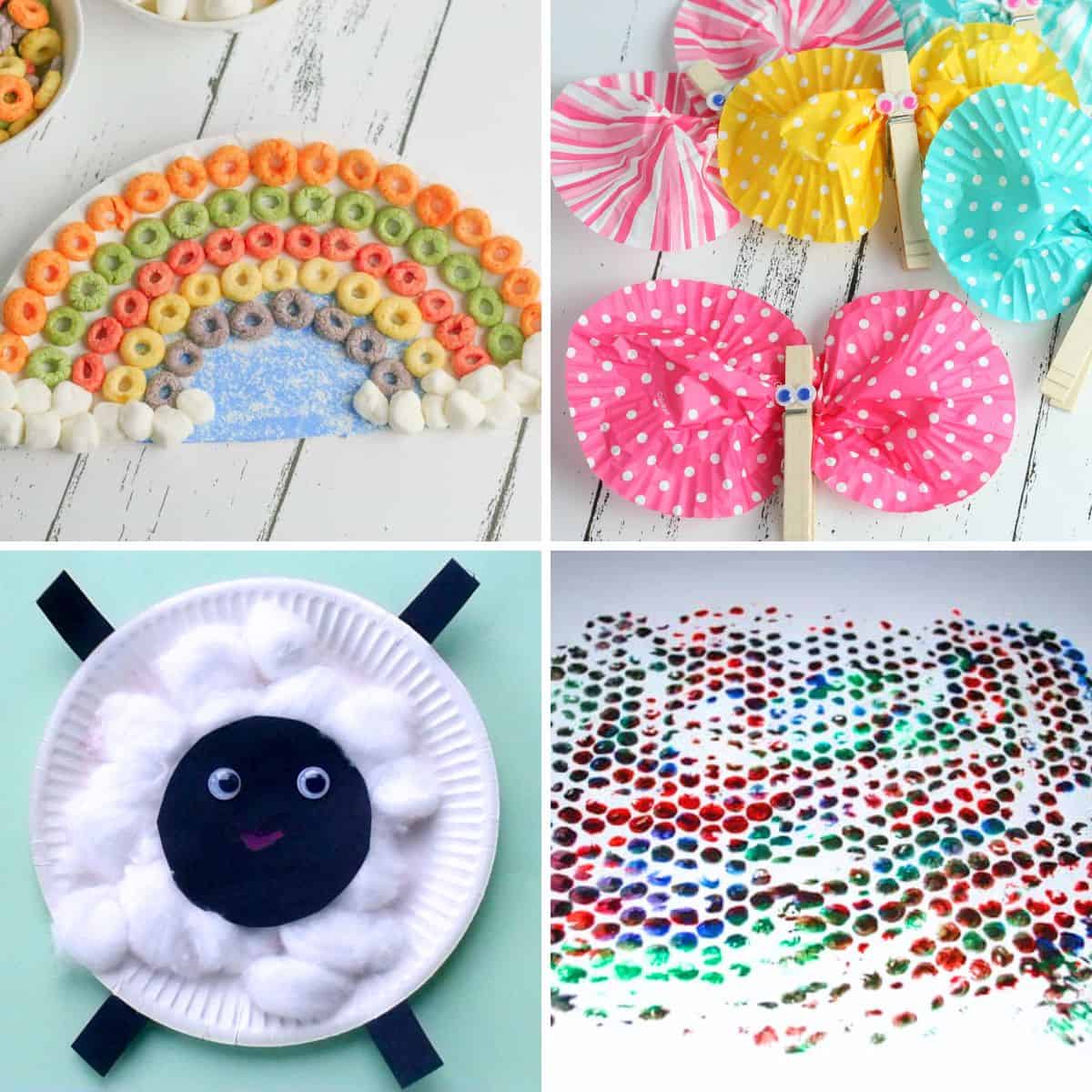 Colorful crafts for kids: cereal rainbow, cupcake liner butterflies, paper plate sheep, and dot-painted artwork. Easy crafts perfect for little hands!.