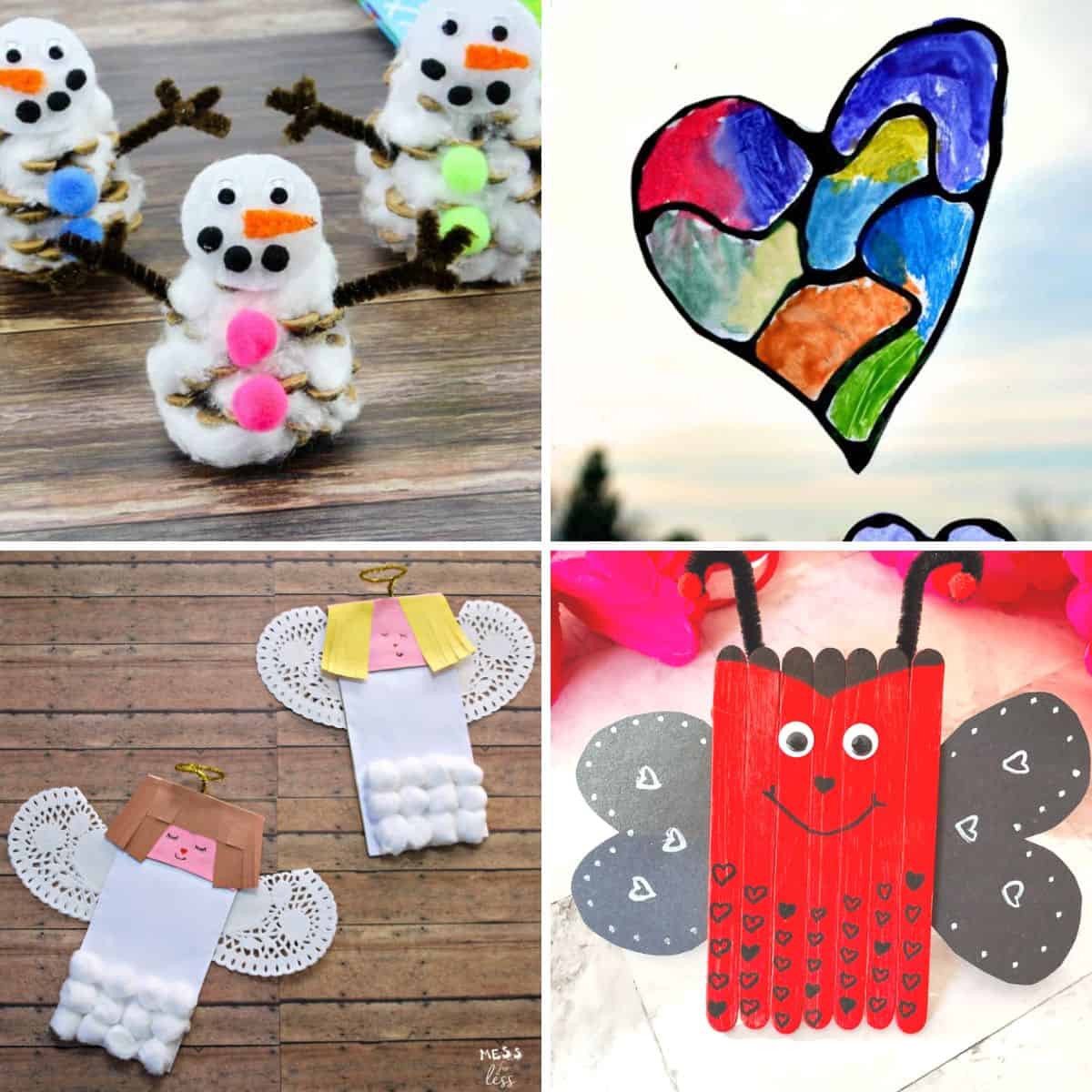 Cute winter and Valentines crafts for kids: snowmen, stained glass hearts, angels, and a popsicle stick butterfly. Perfect easy crafts for little hands!.