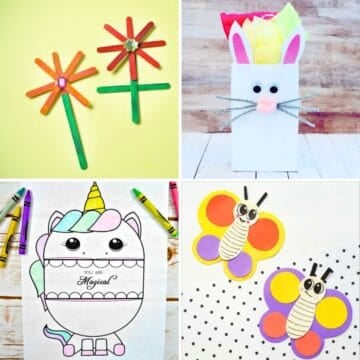 Discover easy crafts perfect for kids, including popsicle stick flowers, a bunny bag, a unicorn coloring page, and paper butterflies on a polka dot background. Let your little ones dive into fun kids activities that spark creativity and joy!.