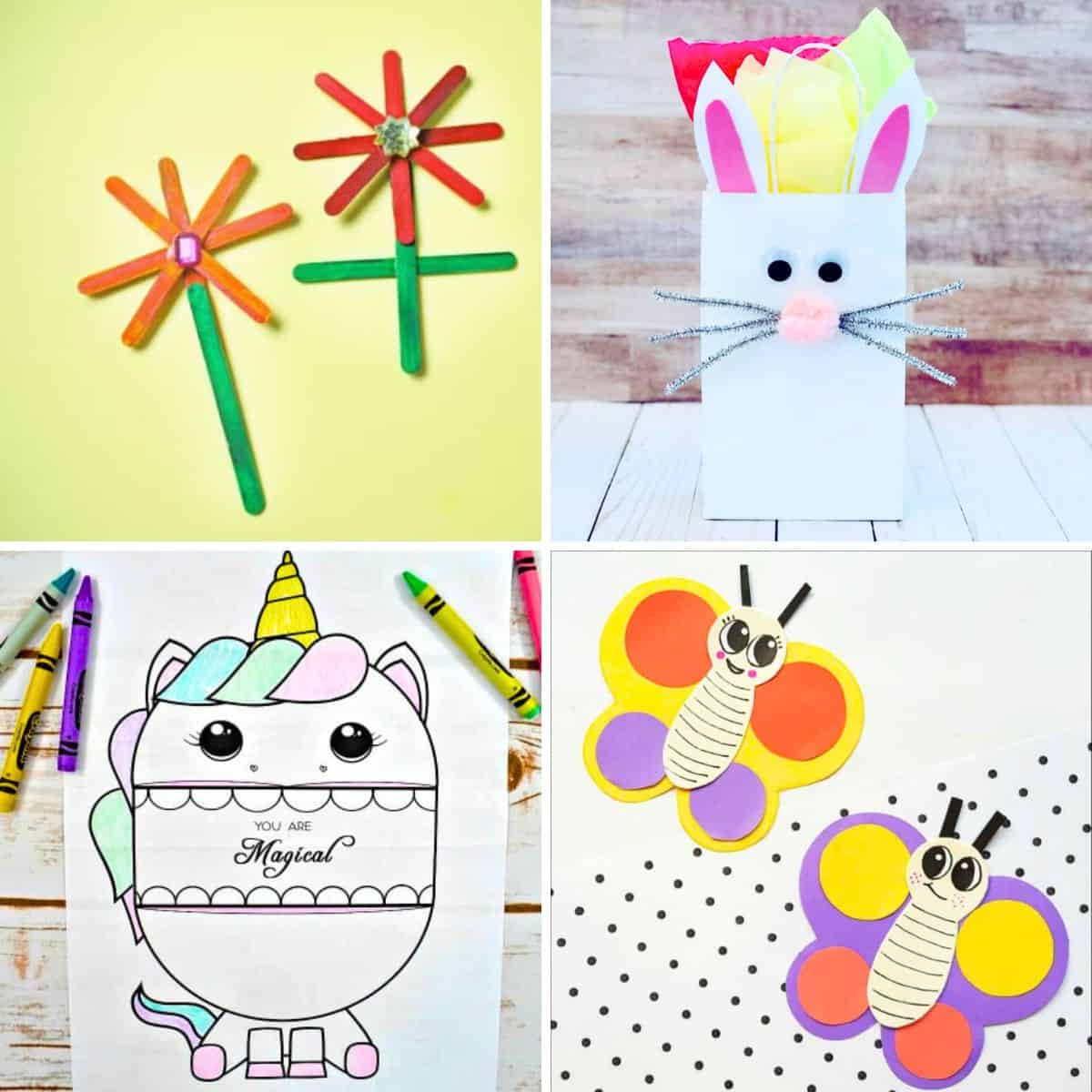Discover easy crafts perfect for kids, including popsicle stick flowers, a bunny bag, a unicorn coloring page, and paper butterflies on a polka dot background.
