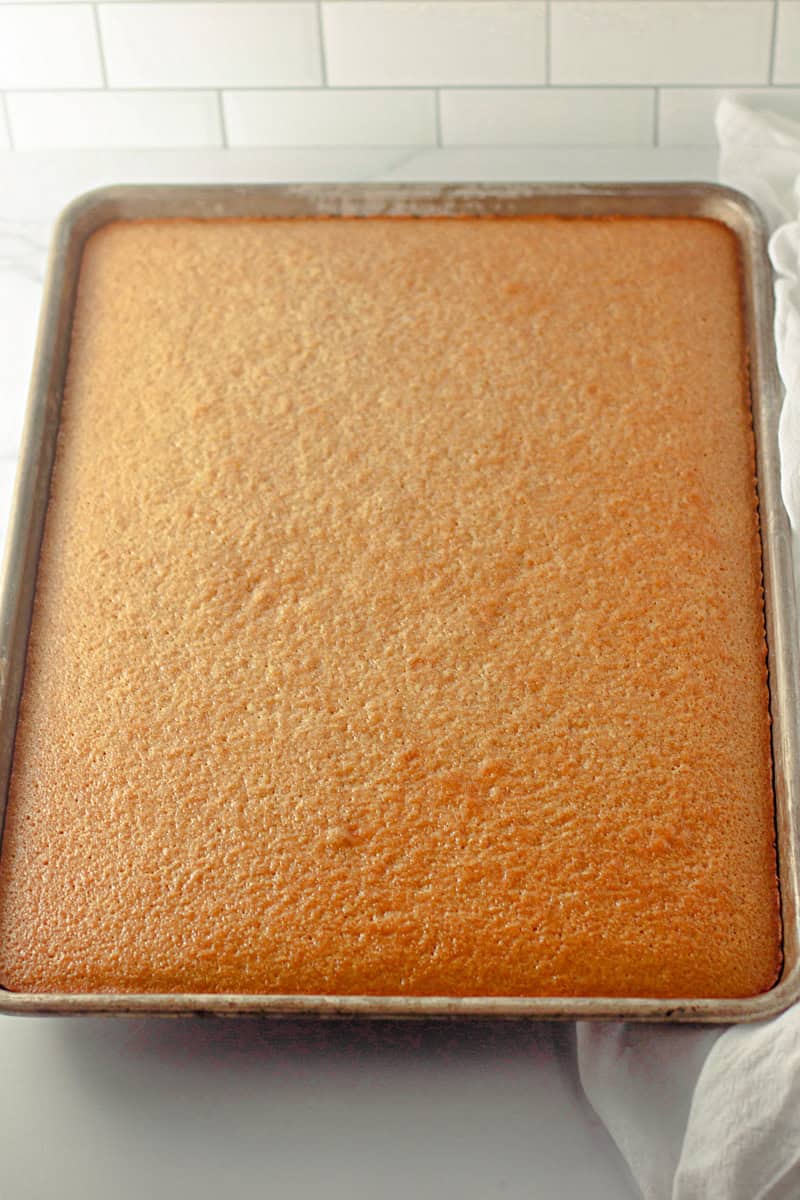A freshly baked caramel apple cake in a metal tray rests on a white surface, enticing with its warm aroma.