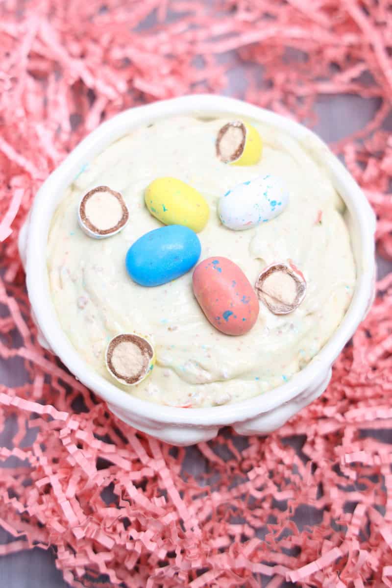Easter Dip with Robin's Egg candy in a white bowl