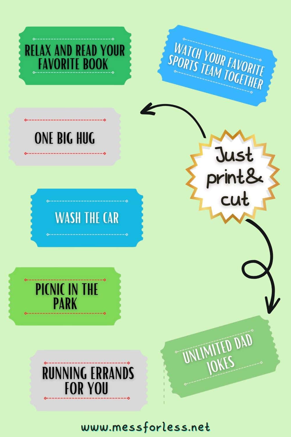 Printable colorful coupons featuring activities like reading, hugs, car wash, picnic, errands, sports, and dad jokes—perfect as Free Printable Fathers Day Coupons for a fun and thoughtful gift.
