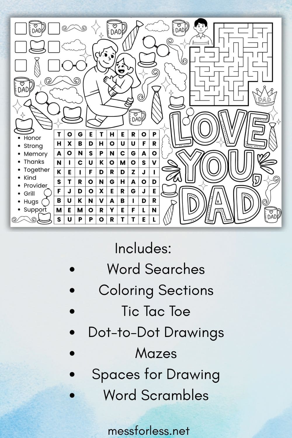 Free Printable black-and-white Fathers Day activity sheet with puzzles, coloring sections, and Love You Dad text—perfect for fun placemats at your celebration!.