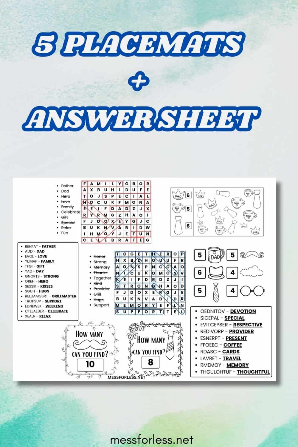 Free Printable activity sheet with word searches, matching, counting, and definitions—perfect for Father’s Day! Text reads 5 Placemats + Answersheet.