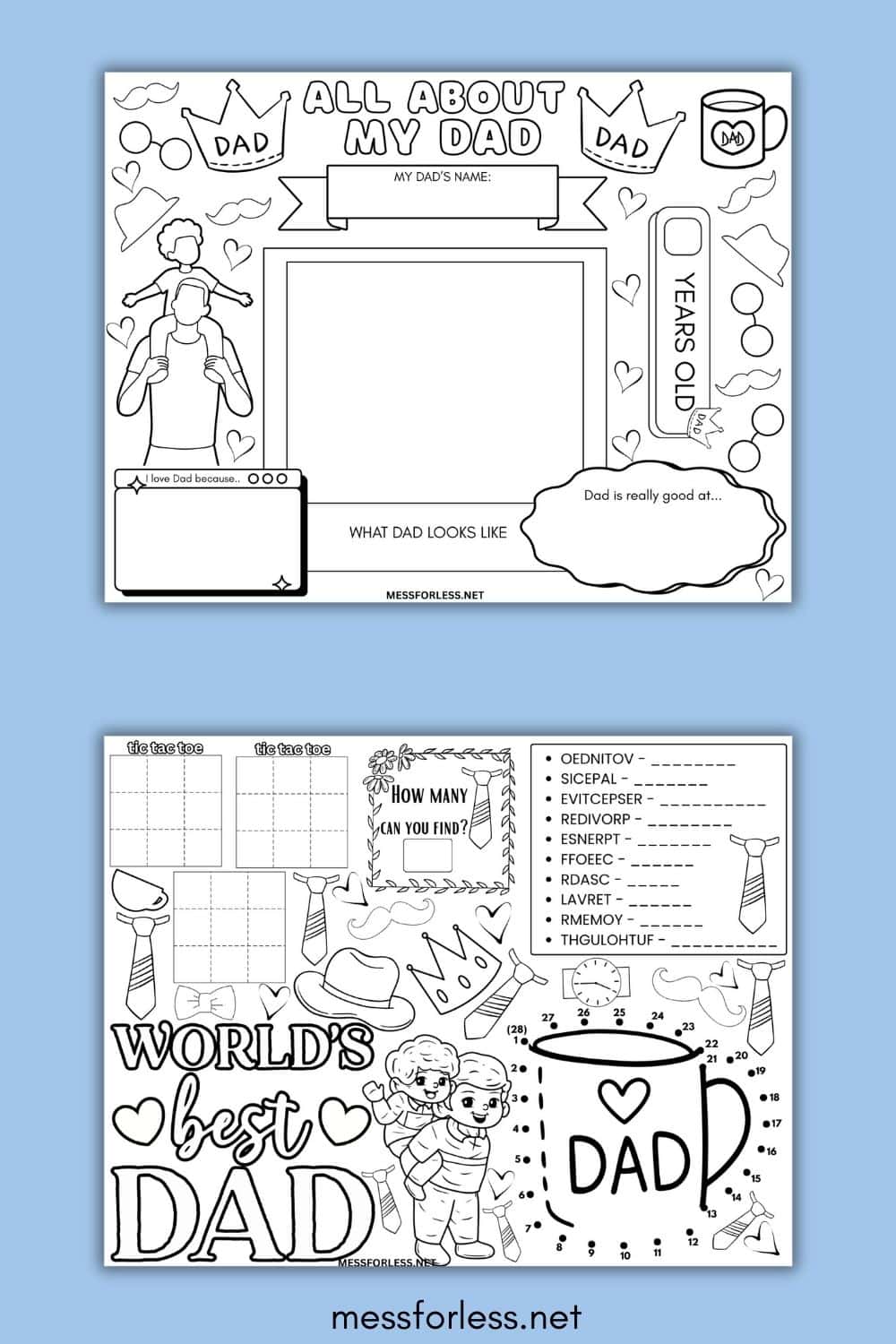 Two free printable Father’s Day activity sheets for kids, designed as fun placemats with doodles, prompts, and space to write about their dad.