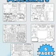 Preview of five black-and-white Fathers Day placemats—free printables for kids to color and fill out.