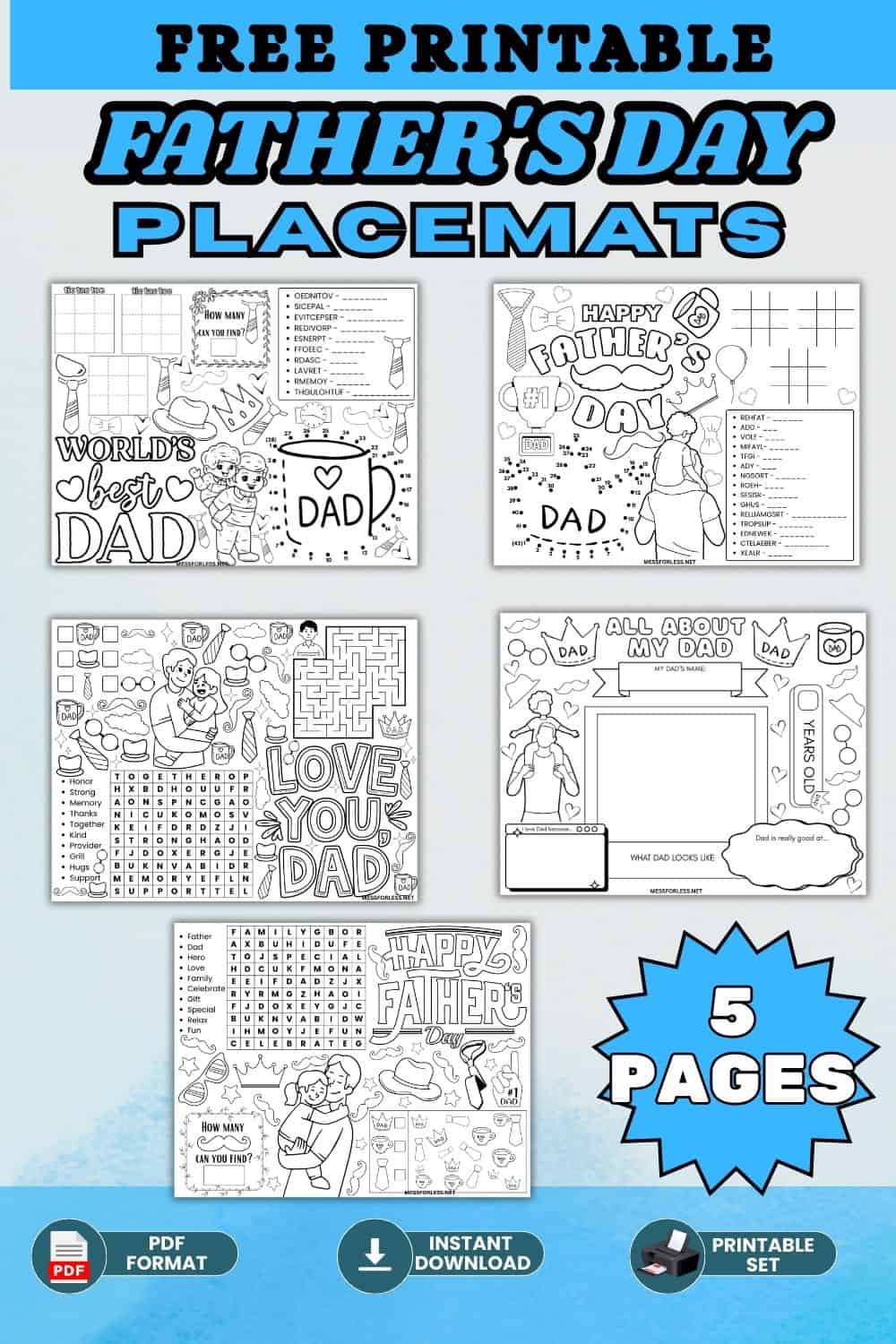 Preview of five black-and-white Fathers Day placemats—free printables for kids to color and fill out.