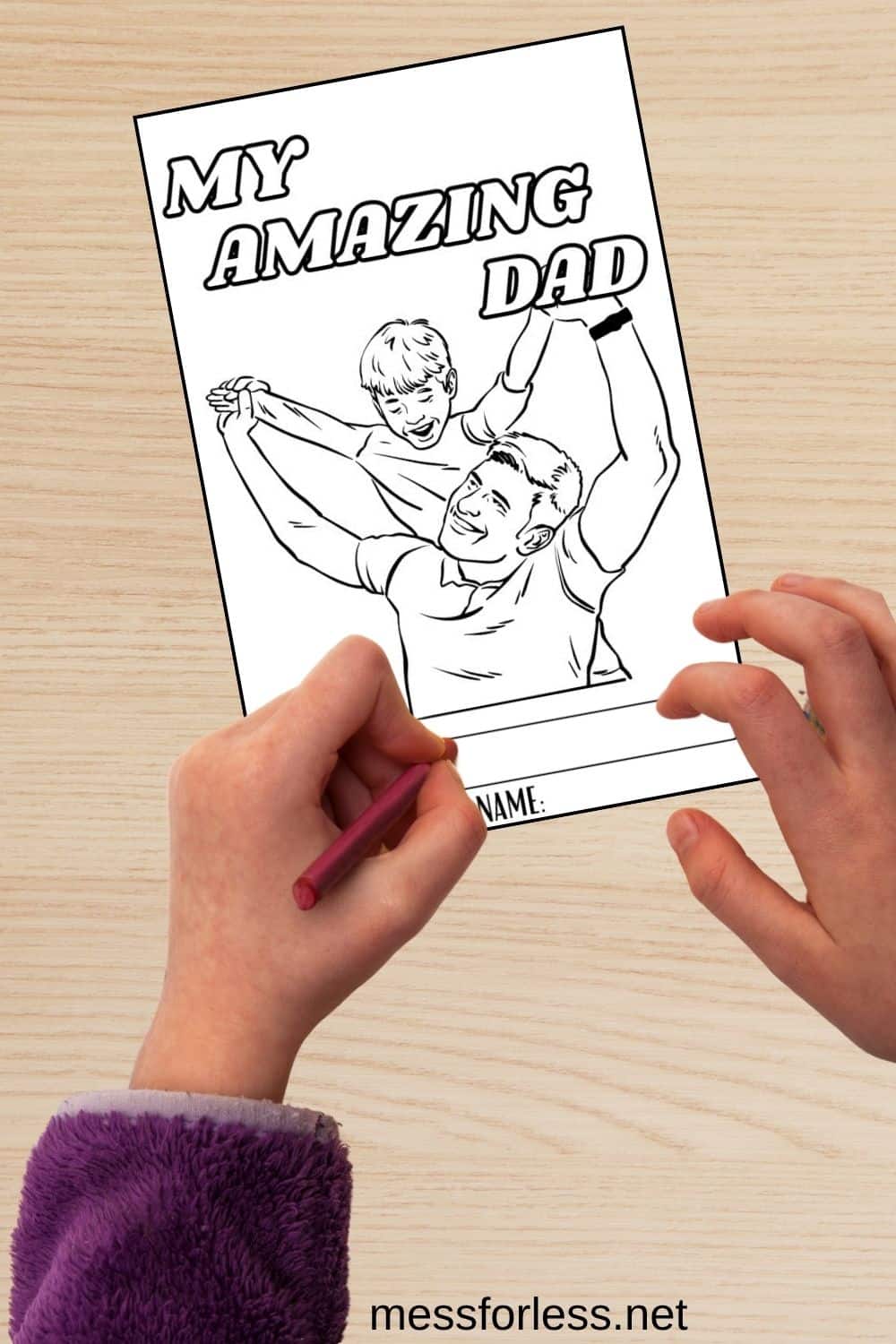 Child coloring a My Amazing Dad coloring page, part of a Printable Fathers Day Book, showing a dad and child at a wooden table.