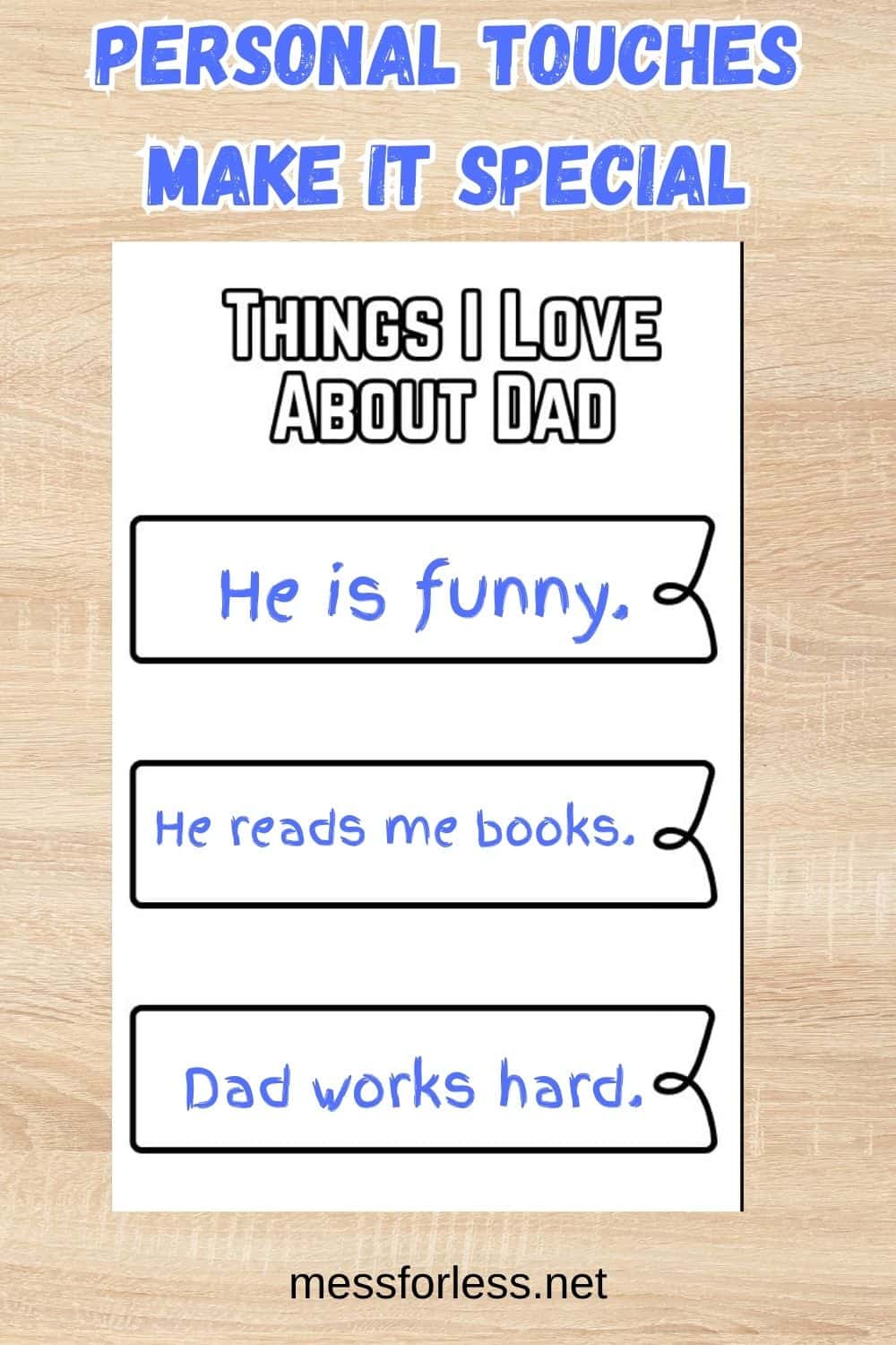 Printable Fathers Day Book worksheet titled Things I Love About Dad with handwritten notes: funny, reads books, works hard.