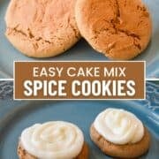 Two spice cookies on a plate, next to two cookies topped with white icing, labeled Easy Spice Cake Mix Cookies.